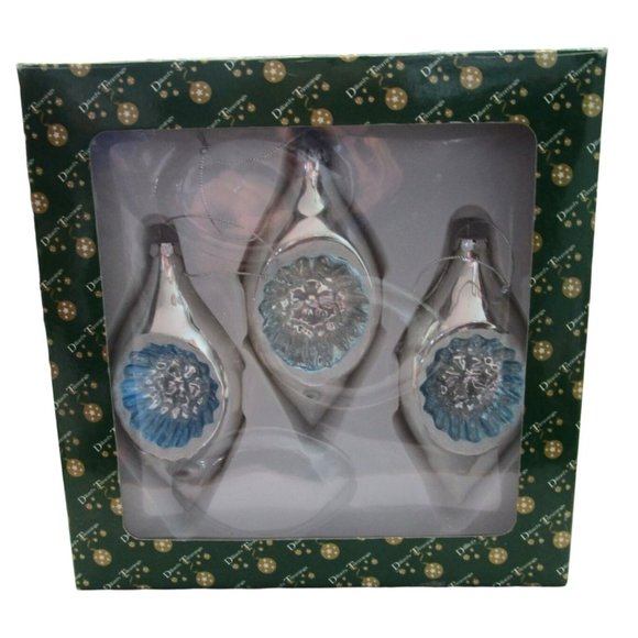 Dillards Trimmings Mercury Style Ornaments Silver Teardrop Blue Reflector NIB - Picture 1 of 16